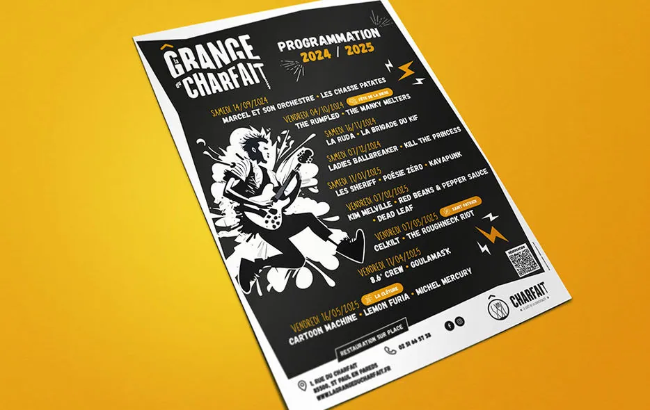 Affiche noire et blanche de la programmation concerts 2024/2025 de La Grange du Charfait