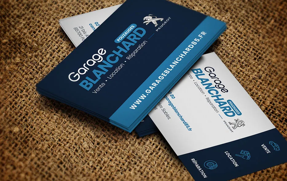 Cartes de visite bleues et blanches du Garage Blanchard