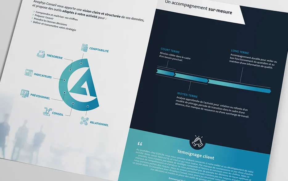 Plaquette commerciale Anophys Conseil ouverte, pages intérieures bleues