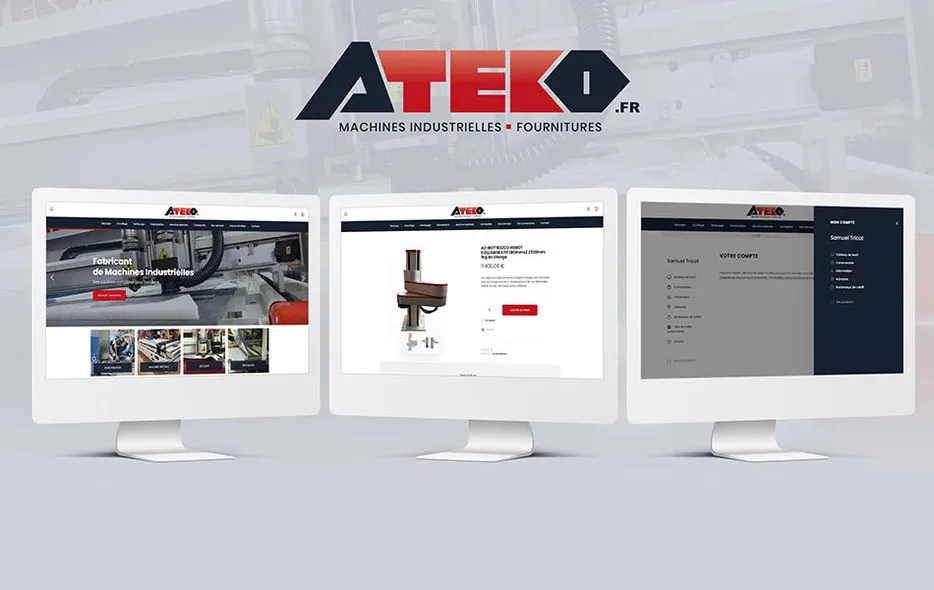 Site e-commerce ATEKO affiché sur trois écrans : accueil, fiche produit, catalogue