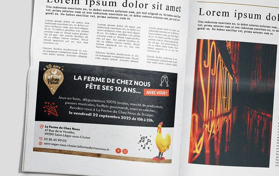 Encart publicitaire presse des 10 ans de La Ferme de Chez Nous dans un journal