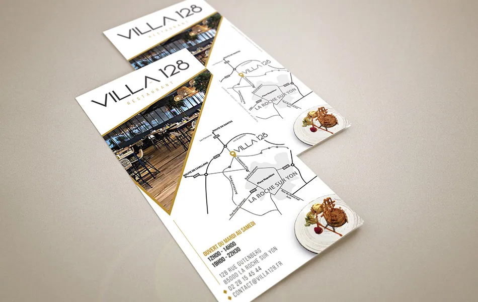 Flyer du restaurant Villa 128 avec plan d'accès à La Roche-sur-Yon