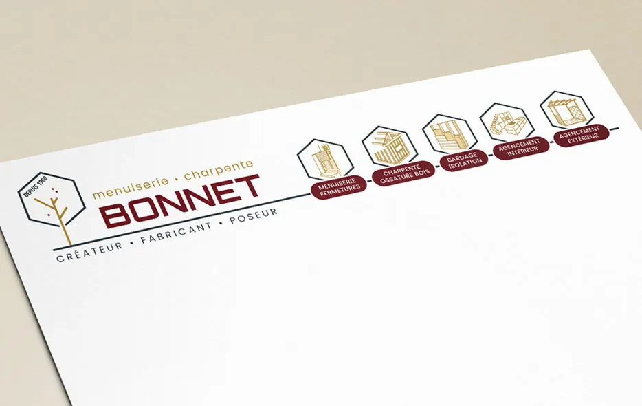 Papier à en-tête de la Menuiserie Bonnet avec les pictogrammes des métiers