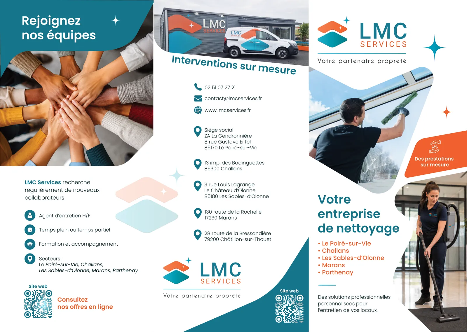 Face extérieure du dépliant LMC Services : recrutement, adresses des agences et couverture