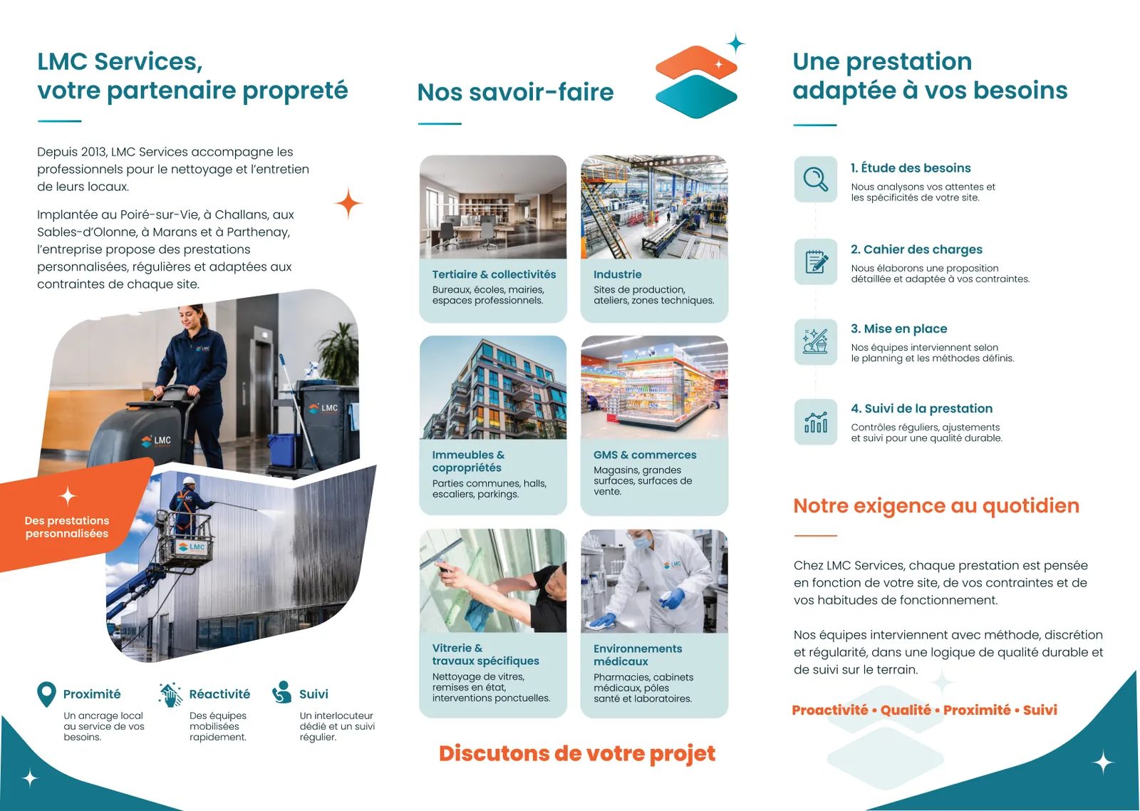 Face intérieure du dépliant LMC Services : présentation de l’entreprise, six métiers et quatre étapes d’accompagnement