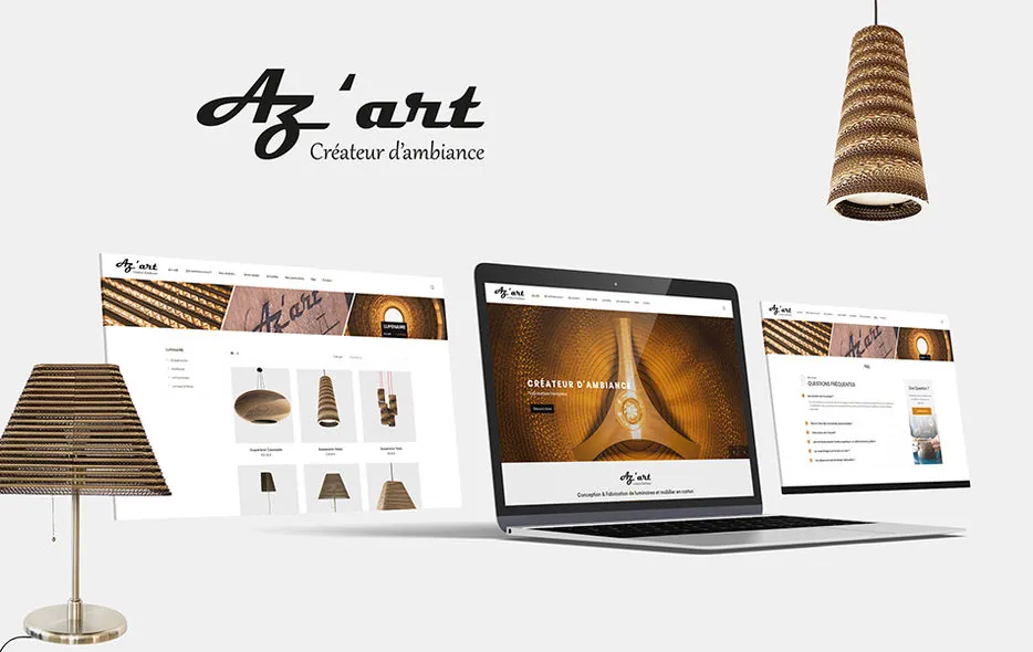 Site catalogue Az'art, créateur d'ambiance, sur plusieurs écrans avec des luminaires en carton