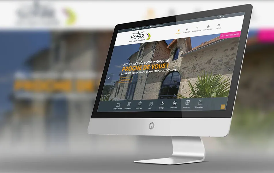 Site internet du cabinet comptable Sofar « Proche de vous » sur écran d'ordinateur