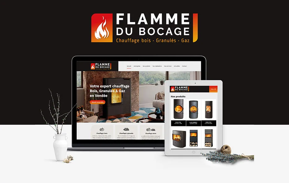 Site Flamme du Bocage sur ordinateur et tablette, avec les poêles en vitrine