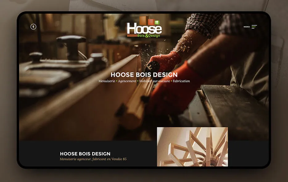 Page d'accueil du site Hoose Bois Design, menuiserie et agencement en Vendée