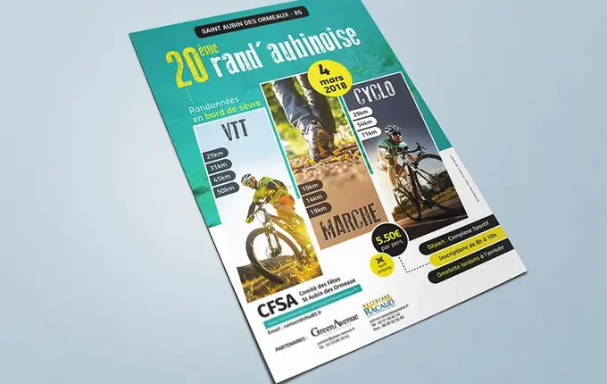 Affiche de la 20e Rand'Aubinoise du CFSA : randonnées VTT, cyclo et marche du 4 mars 2018
