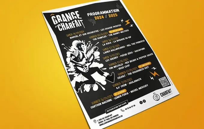 Affiche noire et blanche de la programmation concerts 2024/2025 de La Grange du Charfait