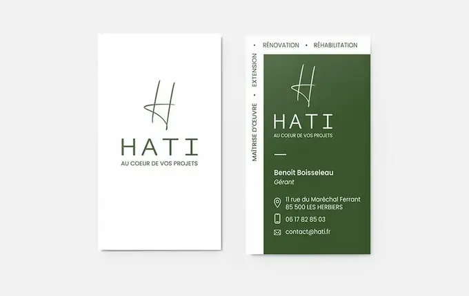 Carte de visite HATI recto verso, logo vert sur fond blanc et fond vert