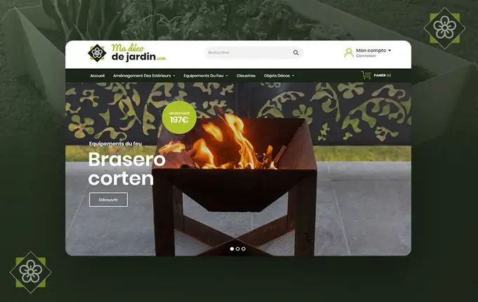 Site e-commerce Ma déco de jardin, page d'accueil avec un brasero en acier corten