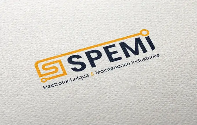 Logo SPEMI, électrotechnique et maintenance industrielle, en orange et bleu marine