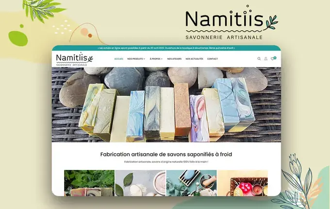 Site e-commerce de la savonnerie Namitiis, page d'accueil avec des savons à froid