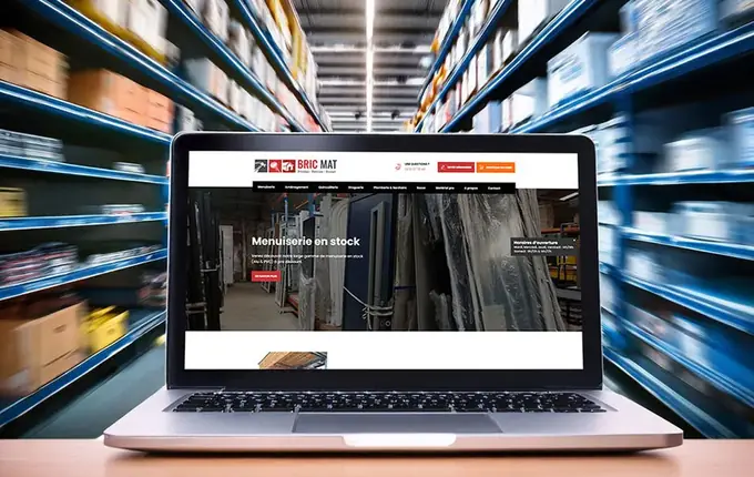 Site vitrine de Bric Mat sur ordinateur portable, devant des rayonnages d'entrepôt