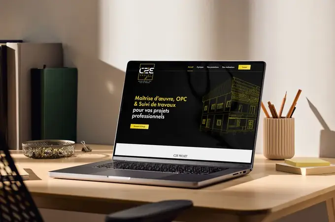 Site one page de C2E PROJET : maîtrise d'œuvre, OPC et suivi de travaux, sur ordinateur portable