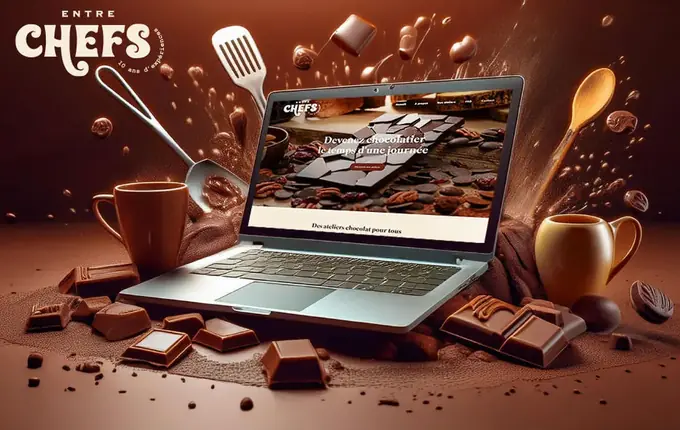 Site internet d'Entre Chefs, ateliers chocolat, sur ordinateur portable