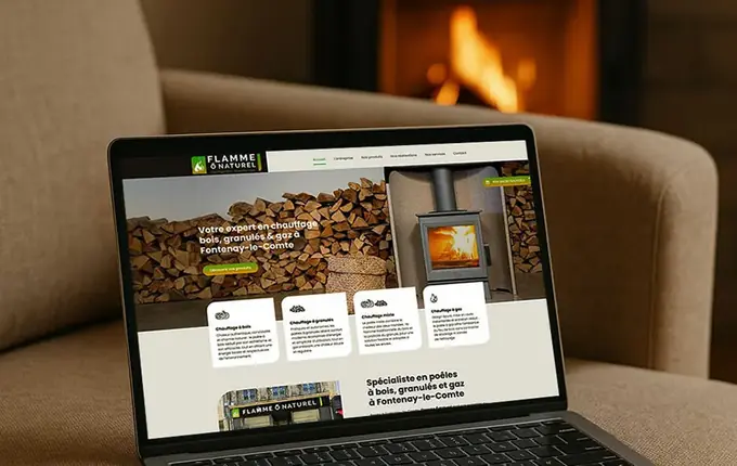 Site de Flamme ô Naturel, chauffage bois, granulés et gaz à Fontenay-le-Comte, sur ordinateur portable