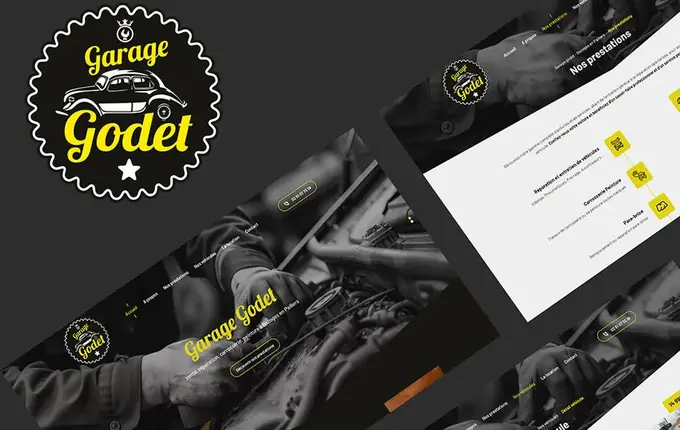 Logo et pages du site du Garage Godet sur fond noir et jaune