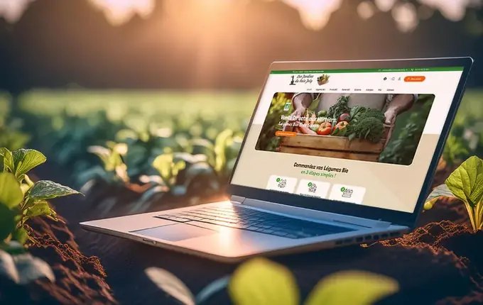 Site des Jardins du Bois Joly, légumes bio, sur un ordinateur portable posé dans un champ