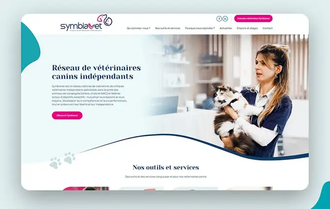 Page d'accueil du site Symbiavet, réseau de vétérinaires canins indépendants